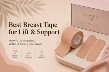 Best breast tape for lift and support with nude adhesive tape strips and Cover Up packaging.